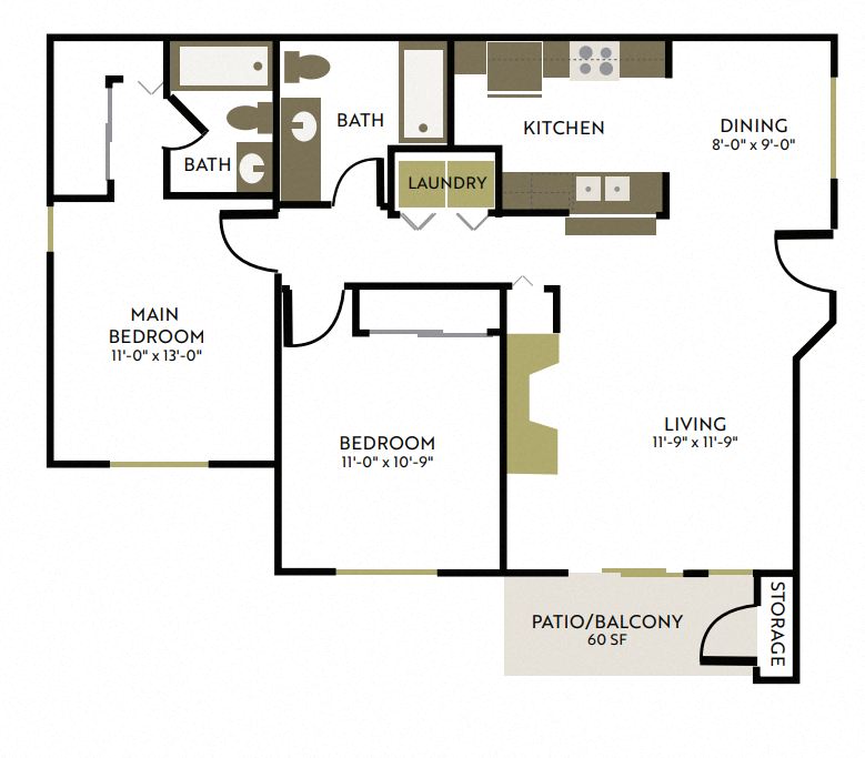 Floor plan for 2 beds, 2 baths, 915 sqft